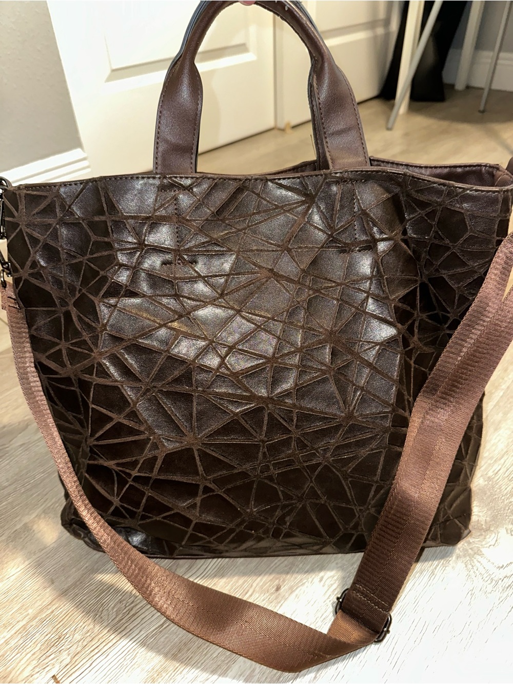 Sondra Roberts Brown Faux Leather Geo Tote Bag Purse